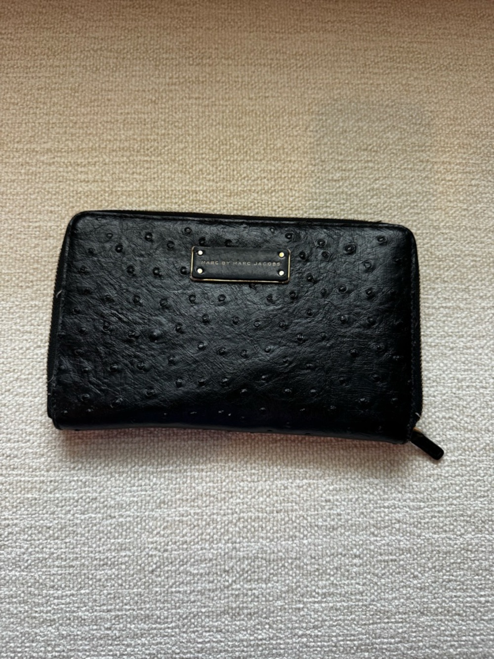 Marc by Marc Jacobs Globe Trotter Black  Ostrich Zip Pouch with Gold Plaque
